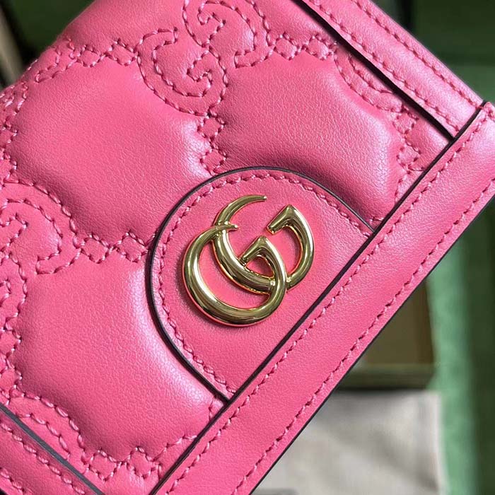 Gucci Unisex GG Marmont Card Case Wallet Pink GG Matelassé Leather Double G