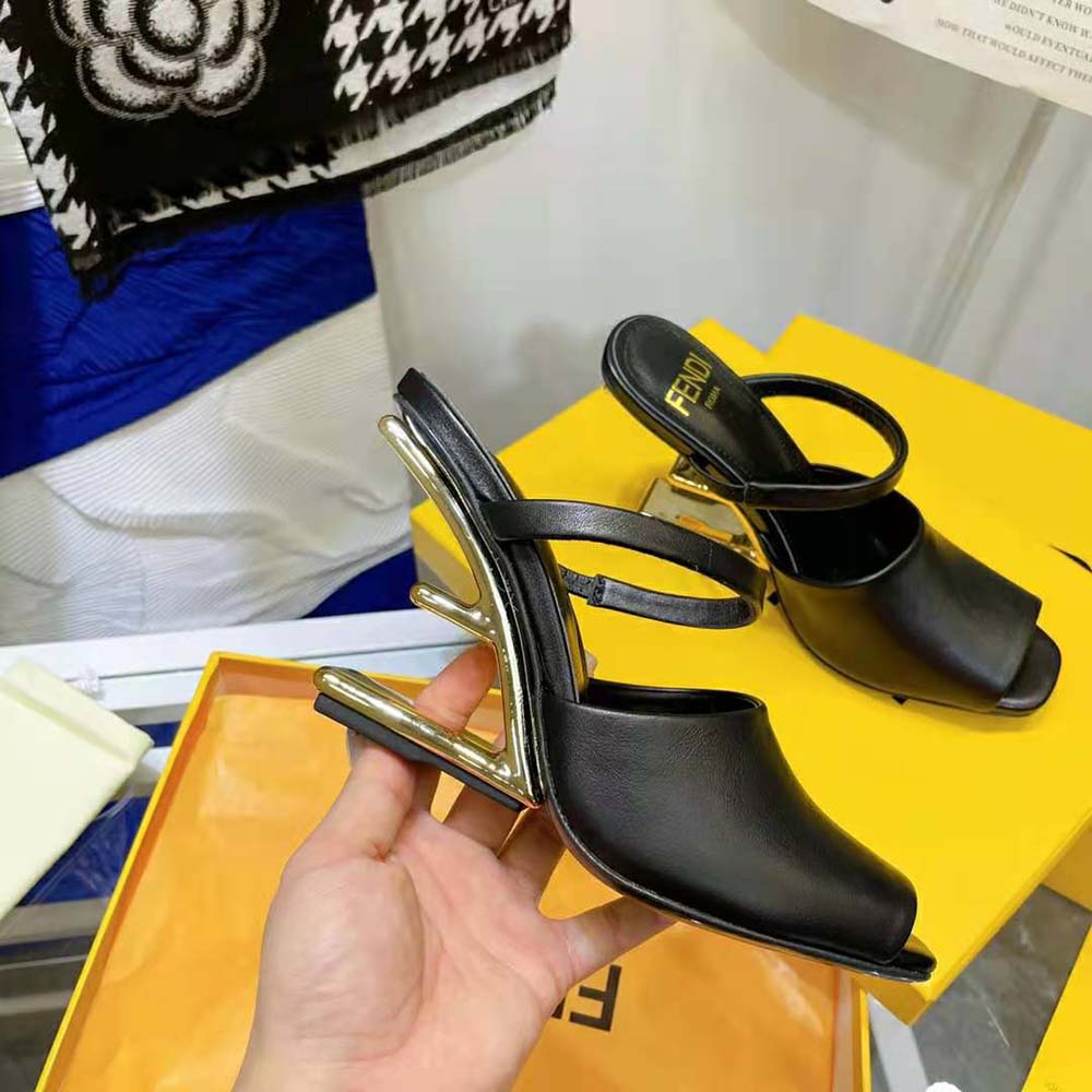 Fendi Women First Black Leather High-Heeled Sandals