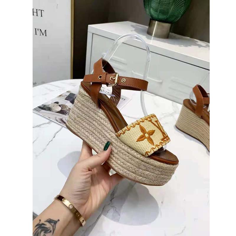 Louis Vuitton Women Boundary Wedge Sandal Raffia and Tan Calf Leather