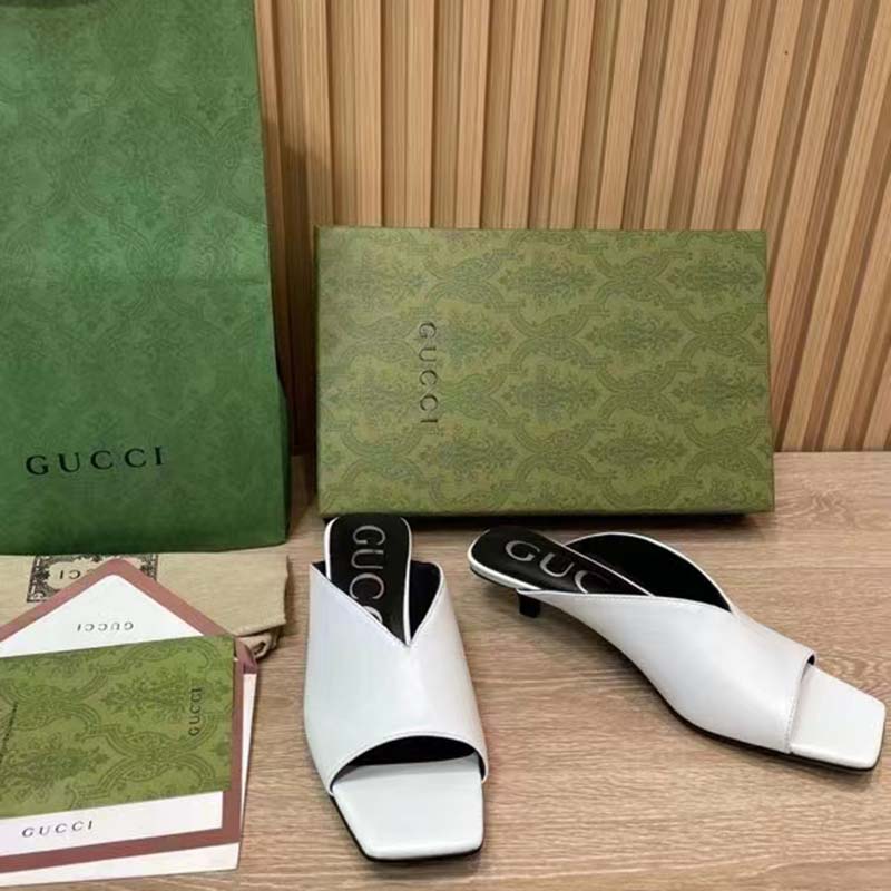 Gucci Women GG Low Heel Sandal White Leather Square Toe