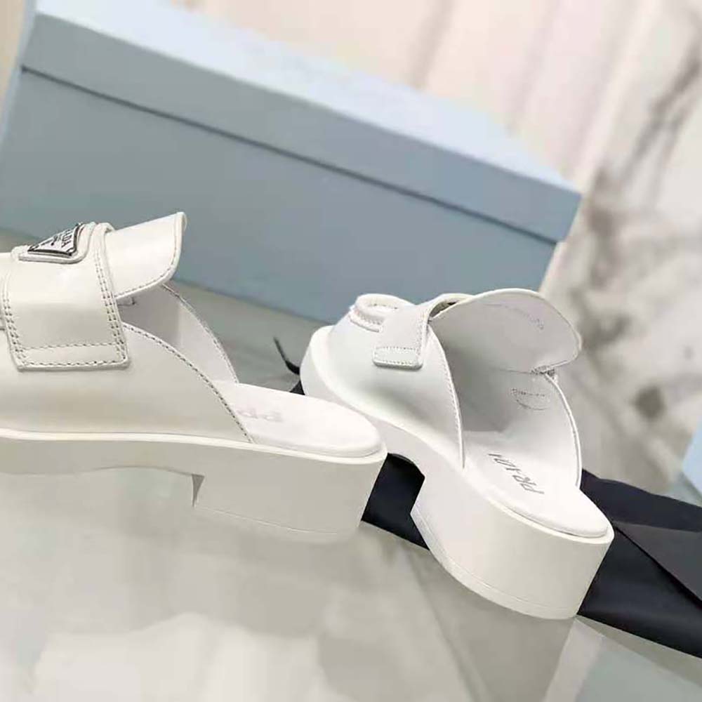 Prada Women Chocolate Brushed Leather Mules-White