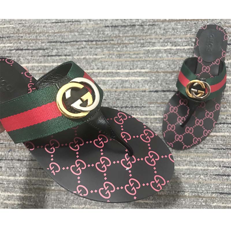 Gucci Unisex GG Thong Web Sandal Interlocking G Leather Sole Square Toe Flat