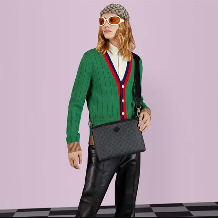 Gucci Unisex Messenger Bag Interlocking G Black GG Supreme Canvas Black Leather