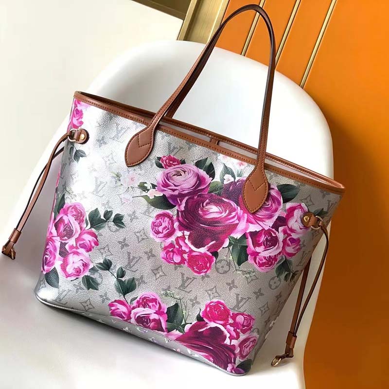 Louis Vuitton LV Women Neverfull MM Tote Bag Silver Coated Canvas Cowhide Leather