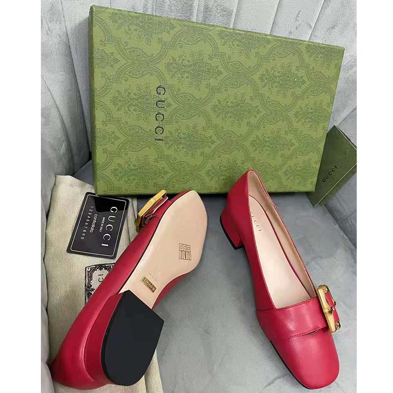 Gucci GG Women Ballet Flat with Bamboo Buckle Dark Red Leather