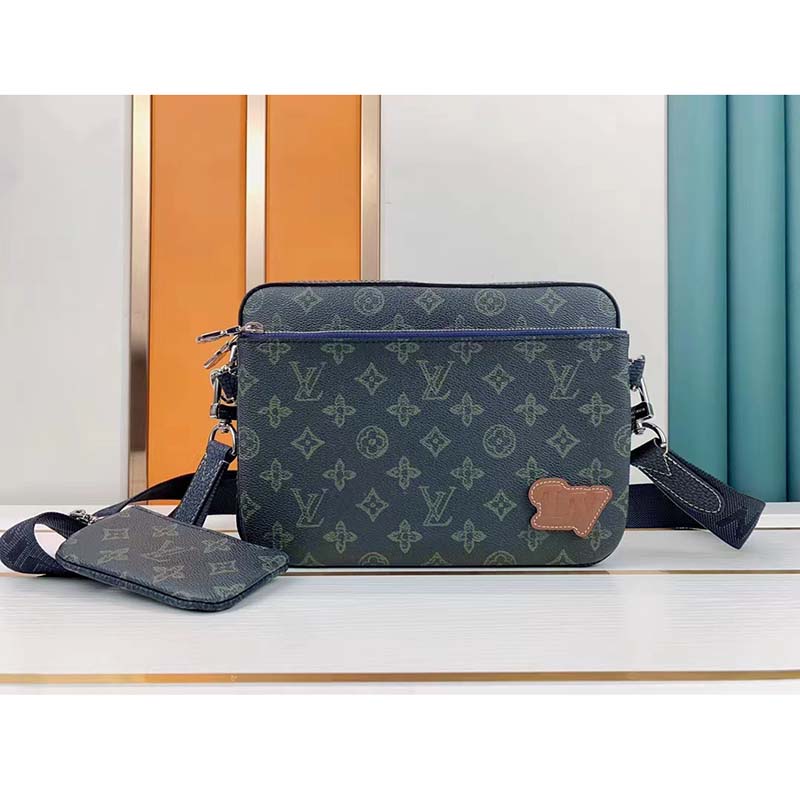 Louis Vuitton LV Unisex Trio Messenger Bag Dark Green Monogram Coated Canvas Cowhide