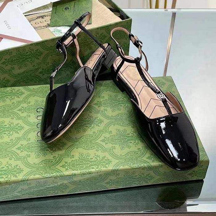 Gucci Women GG Double G Ballet Flat Black Patent Leather Square Toe