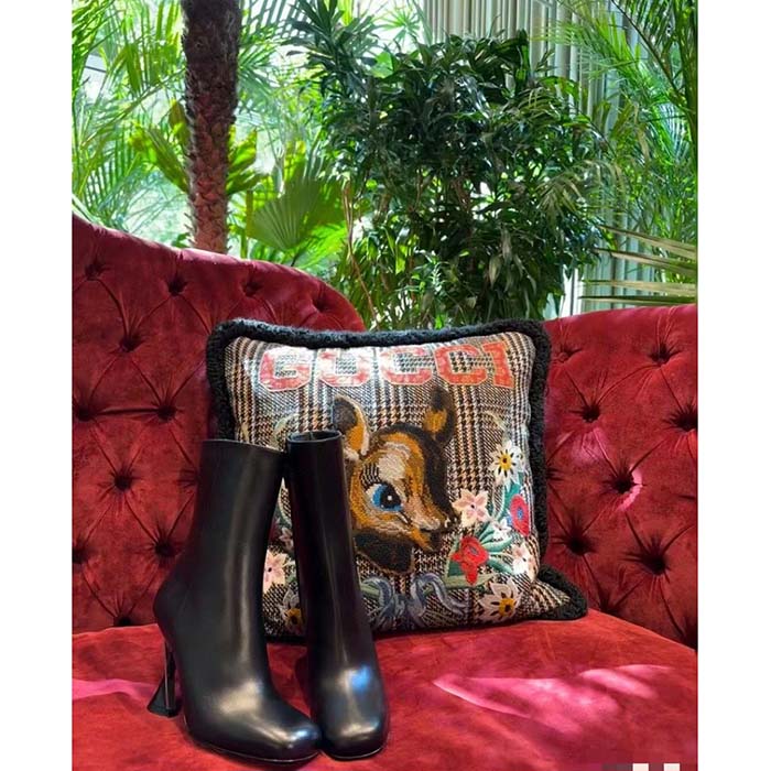Gucci Women GG Boot Black Leather Geometric Heel Metal Inserts Mid-Heel