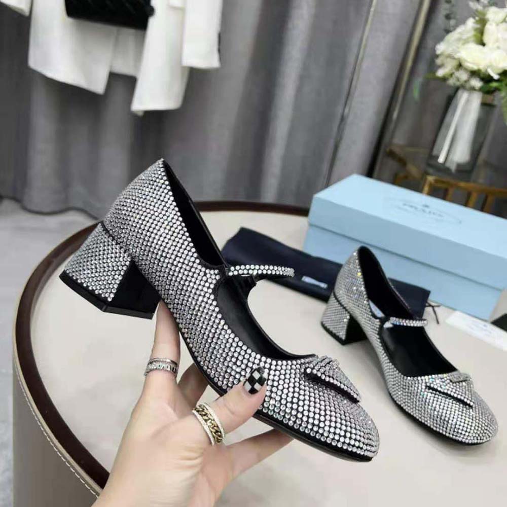 Prada Women Satin Pumps with Crystals in 45mm Heel Height-Silver