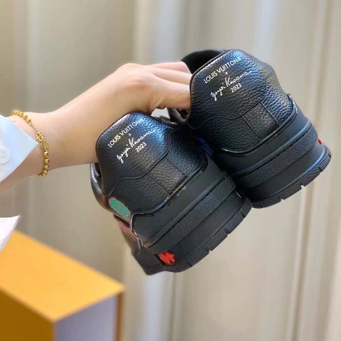 Louis Vuitton Unisex LV x YK LV Trainer Sneaker Black Printed Grained Calf Leather Monogram Flowers