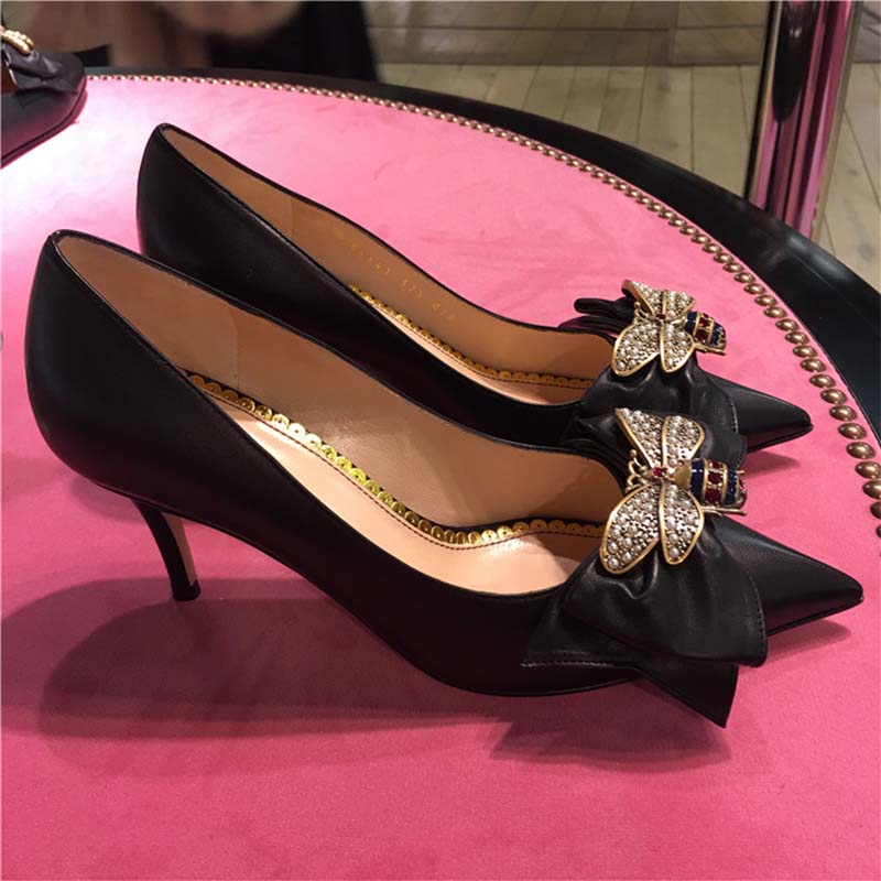 Gucci Women Shoes Leather Mid-Heel Pump with Bow 75mm Heel-Black