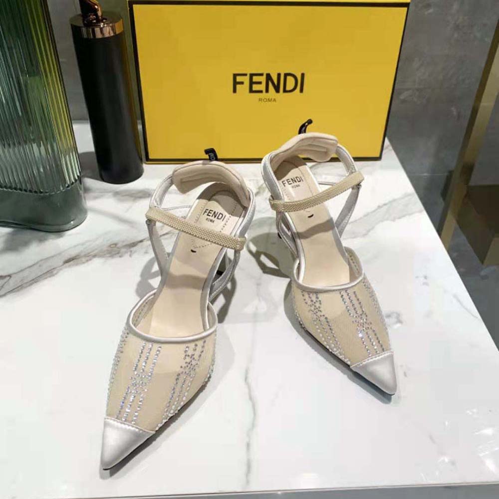 Fendi Women Colibri Pink Mesh High-Heeled Slingbacks with Rhinestone Embroidery