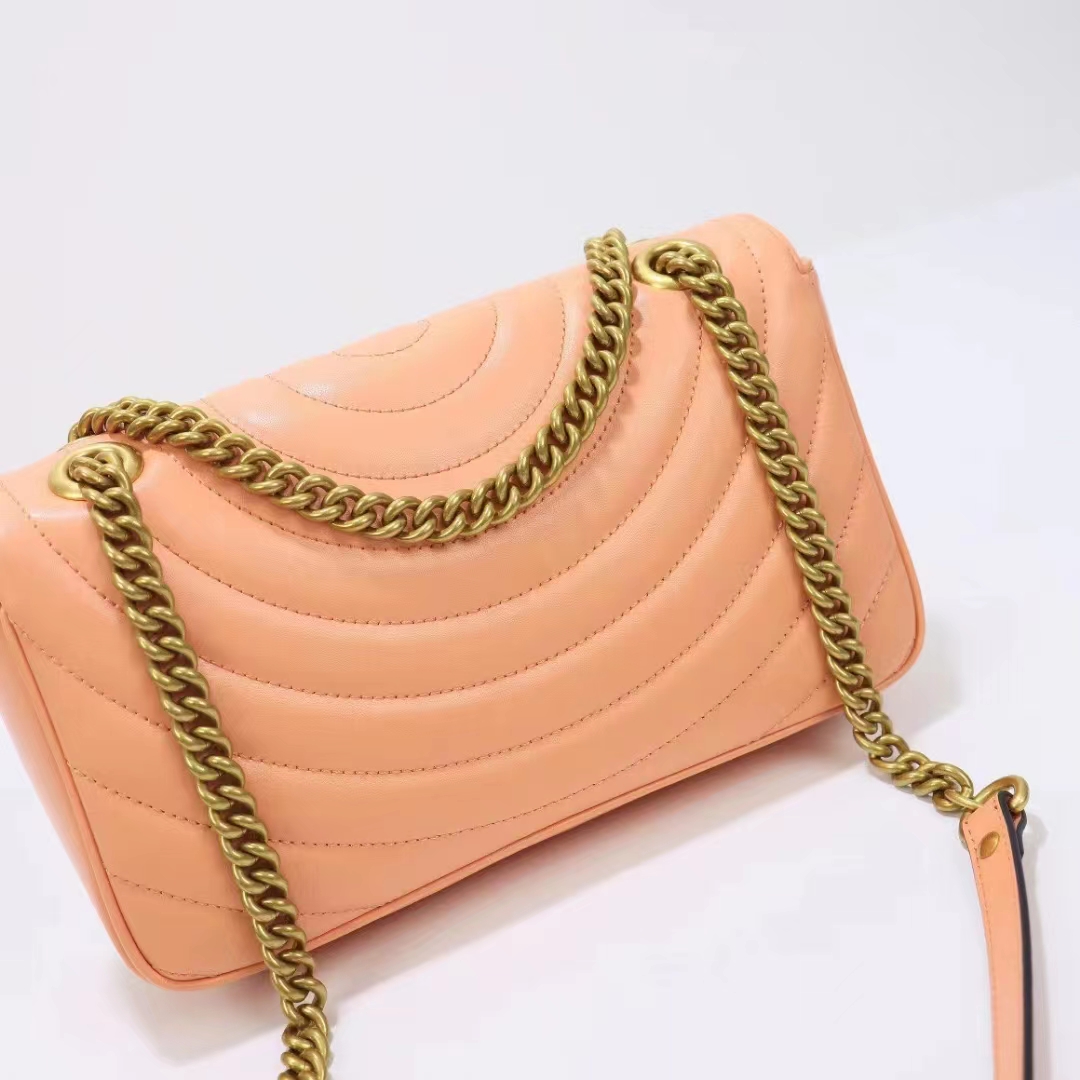 Gucci Women GG Marmont Small Shoulder Bag Peach Matelassé Round Vertical Matelassé Leather