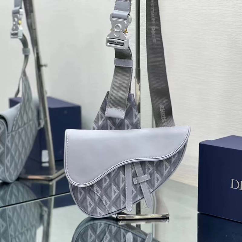 Dior Unisex CD Saddle Bag Gray CD Diamond Canvas Smooth Calfskin