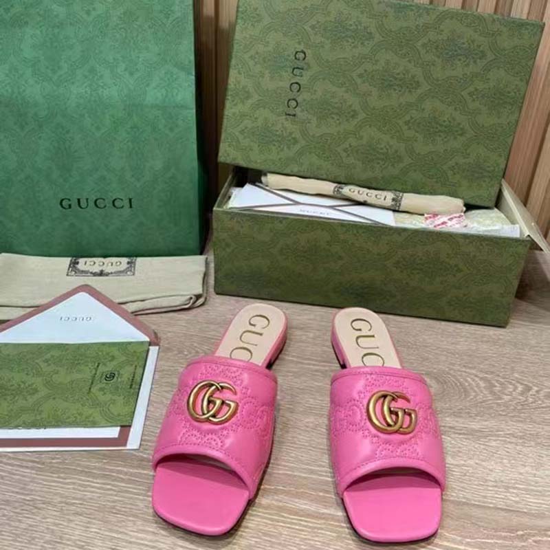 Gucci Women GG Matelassé Slide Sandal Bright Pink Double G Square Toe Flat
