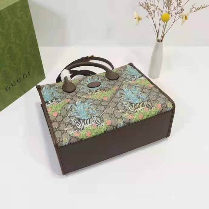 Gucci Unisex Tiger GG Small Tote Bag Blue Beige Ebony GG Supreme Canvas