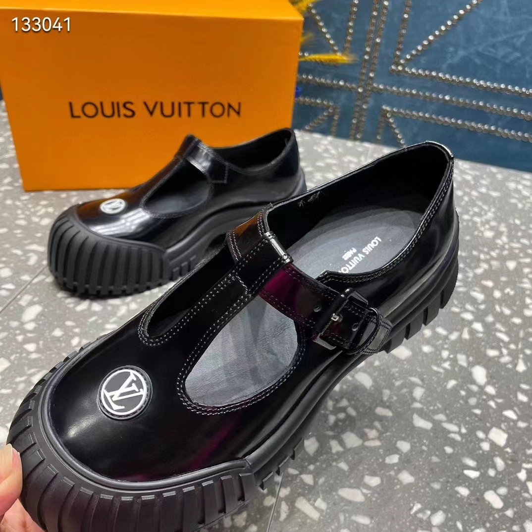 Louis Vuitton Women Ruby Flat Mary Jane Black Calf Leather Rubber LV Circle Signature