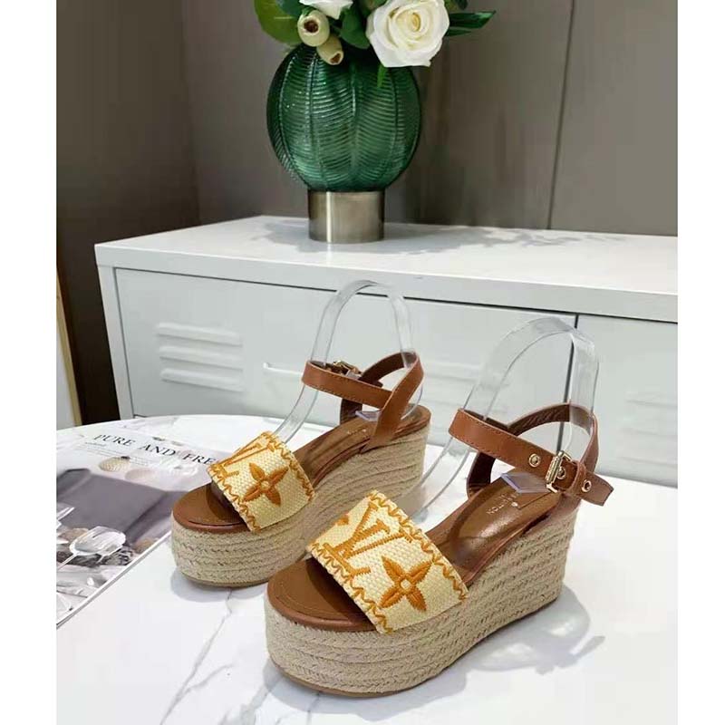 Louis Vuitton Women Boundary Wedge Sandal Raffia and Tan Calf Leather