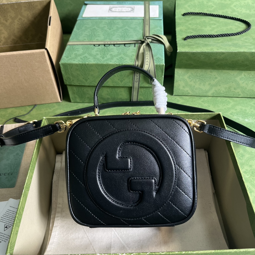 Gucci Women GG Blondie Top Handle Bag Black Leather Round Interlocking G