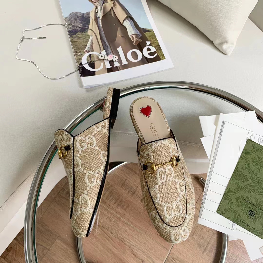 Gucci Women Maxi GG Princetown Slipper Beige White GG Raffia Effect Fabric Flat