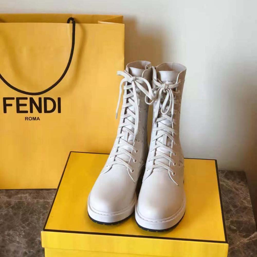 Fendi Women Signature White Leather Biker Boots