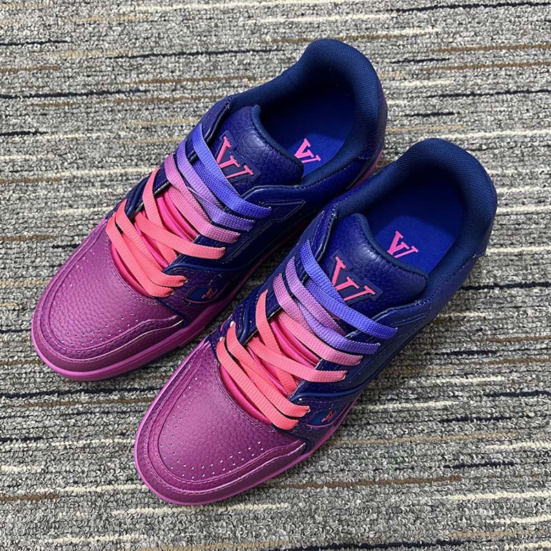 Louis Vuitton Unisex LV Trainer Sneaker Pink Grained Calf Leather Rubber Monogram Flowers