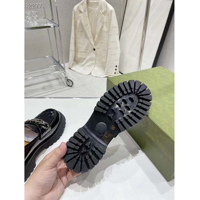 Gucci Women GG Interlocking G Lug Sole Loafer Black Leather Rubber Flat 1.5 CM Heel