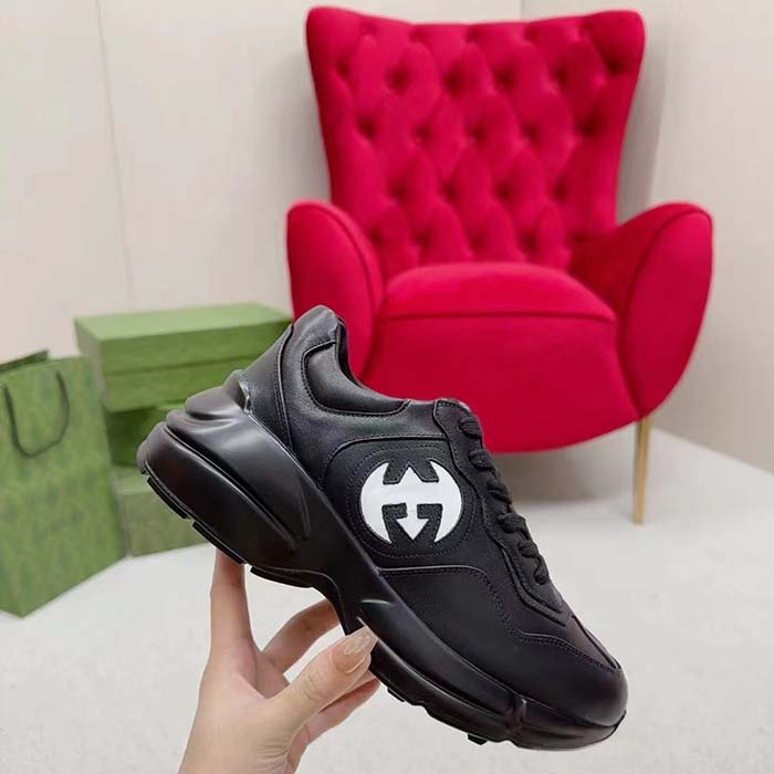 Gucci Unisex Interlocking G Rhyton Sneakers Black Leather White Cut-Out Rubber Sole
