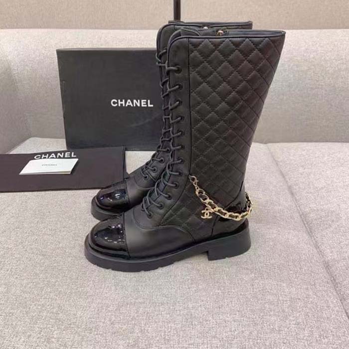 Chanel Women CC Lace-Ups Boots Lambskin & Grained Calfskin Black 4 Cm Heel