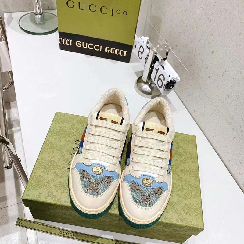 Gucci Unisex Screener Sneaker Crystals Brown Blue GG Canvas 3.6 cm Heel