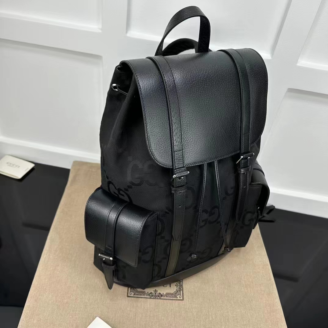 Gucci Unisex Jumbo GG Backpack Black Canvas Leather Cotton Linen
