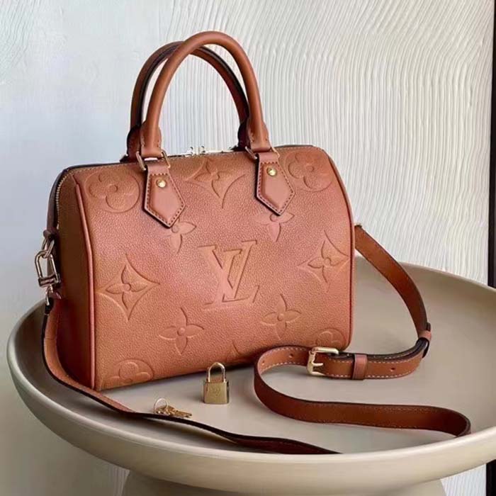 Louis Vuitton Women Speedy Bandoulière 25 Handbag Cognac Brown Embossed Grained Cowhide Leather