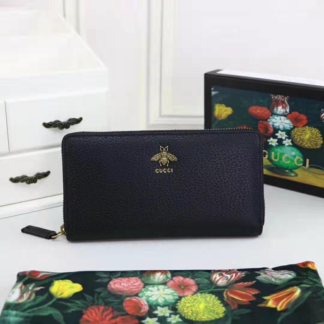 Gucci GG Unisex Animalier Leather Zip Around Wallet in Black Leather