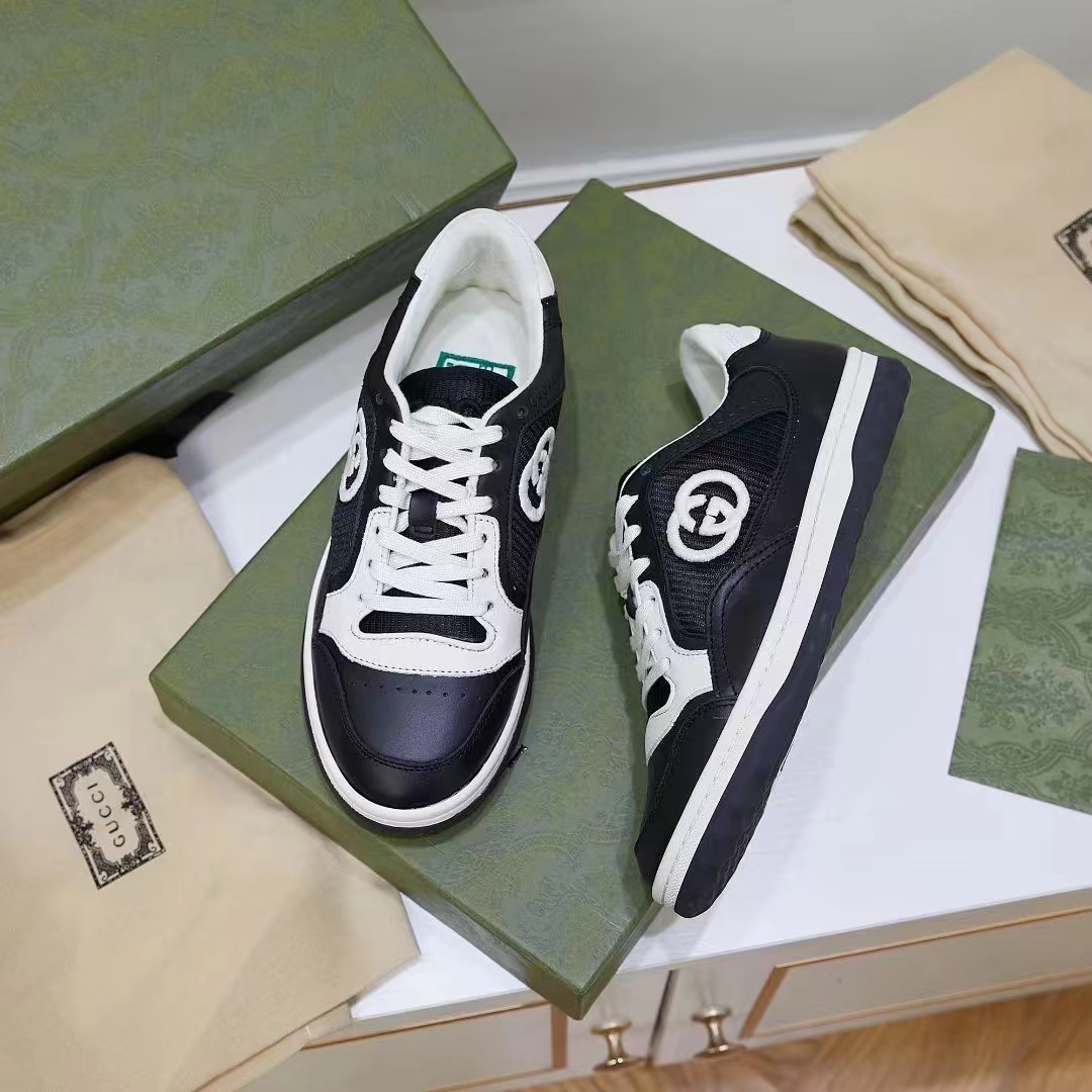 Gucci Unisex GG MAC80 Sneaker Black White Leather Round Toe Rubber Flat