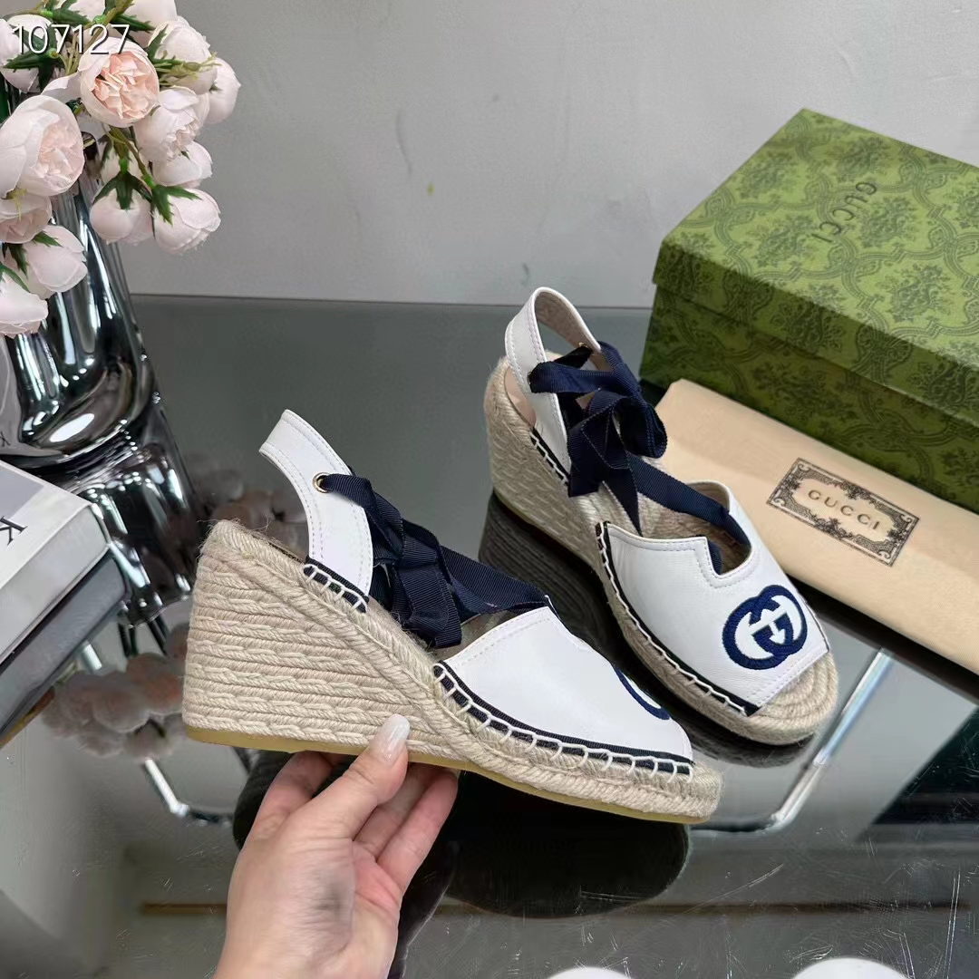 Gucci Women Espadrilles Ribbon Tie White Cotton Canvas Blue Interlocking G Embroidery