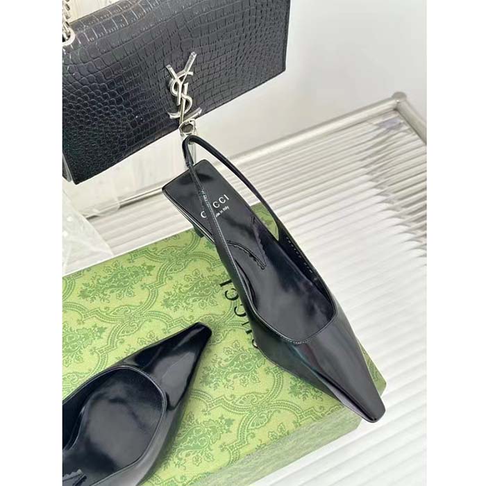 Gucci Women GG Slingback Pump Black Leather Interlocking G Square Upper Mid-Heel