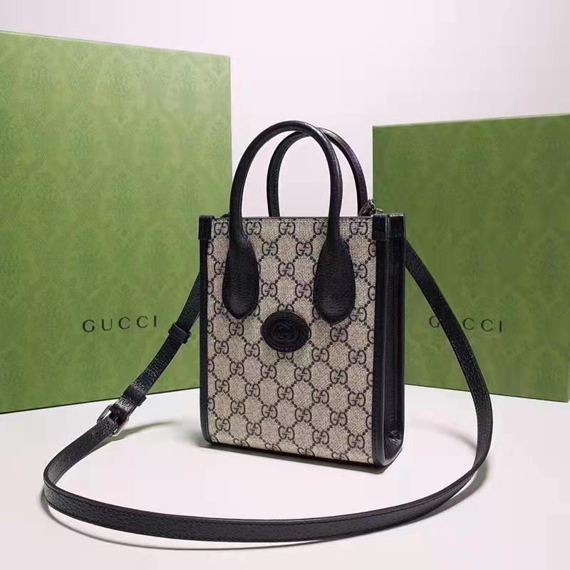 Gucci Unisex Mini Tote Bag Interlocking G Beige Blue GG Supreme Canvas