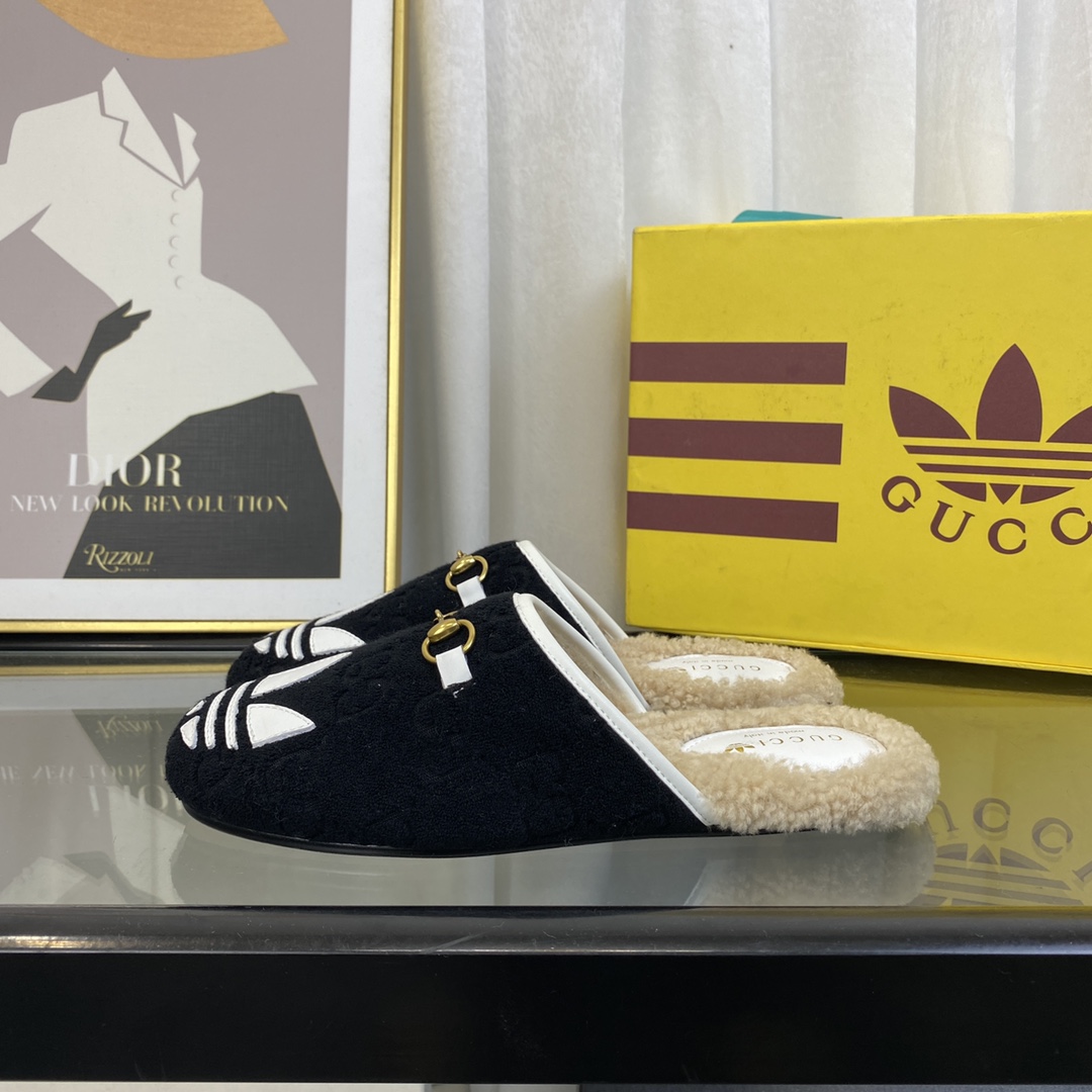 Gucci Women GG Adidas x Gucci Women’s Trefoil Slipper Black Suede Flat