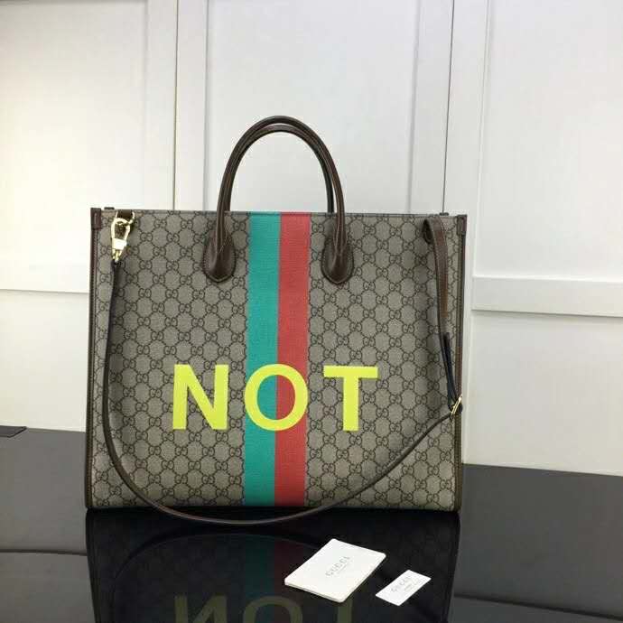 Gucci Unisex ‘Fake/Not’ Print Large Tote Bag GG Supreme Canvas