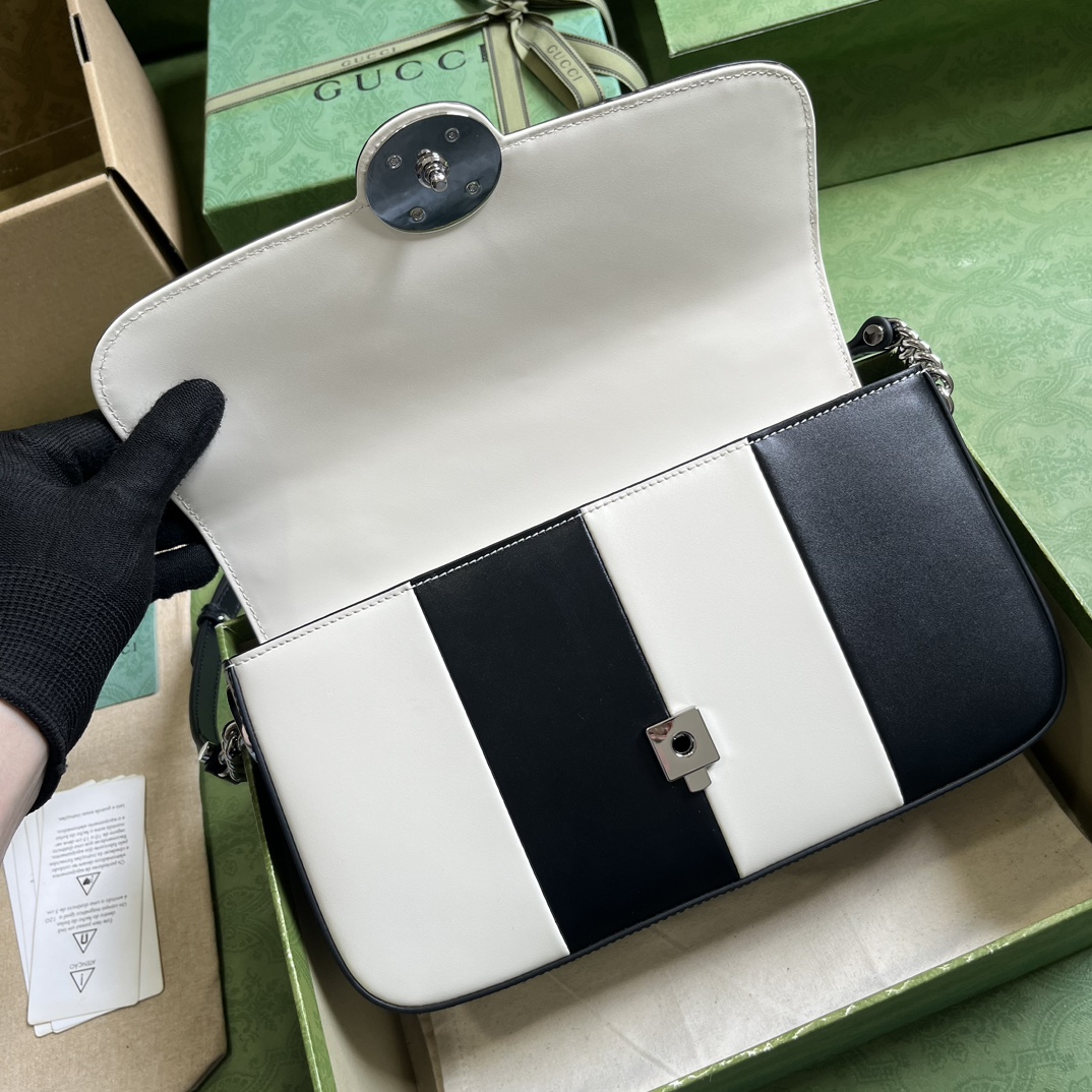 Gucci Women Petite GG Small Shoulder Bag Black White Leather Double G