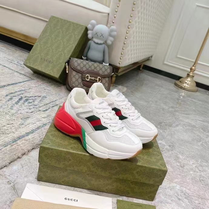 Gucci Unisex GG Rhyton Sneaker White Leather Mesh Rubber Sole Low Heel
