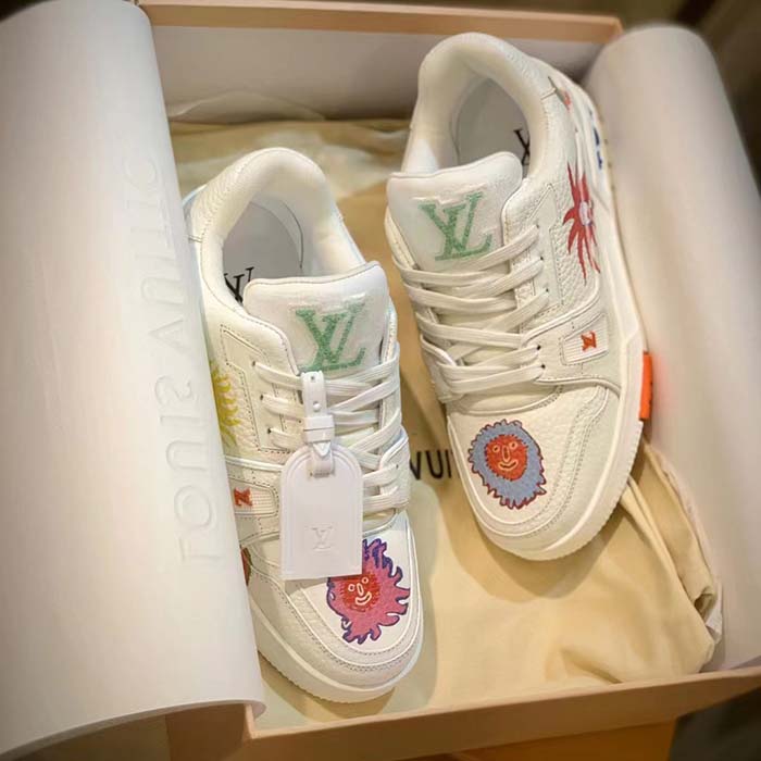 Louis Vuitton Unisex LV x YK LV Trainer Sneaker White Printed Grained Calf Leather Monogram Flowers