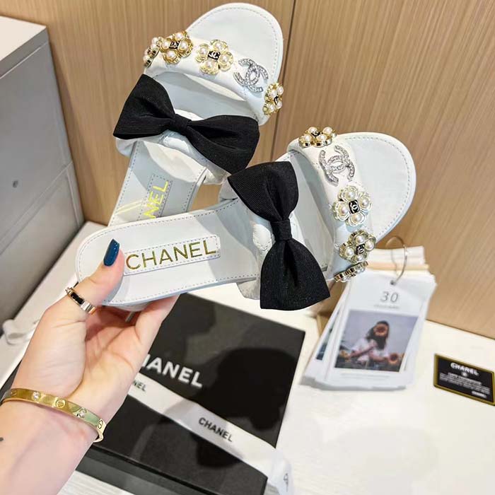 Chanel Women Mules Lambskin White Black 1.5 Cm Heel