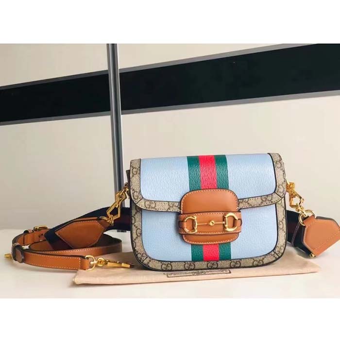 Gucci Women GG Horsebit 1955 Mini Bag Blue Leather Beige Ebony Supreme Canvas