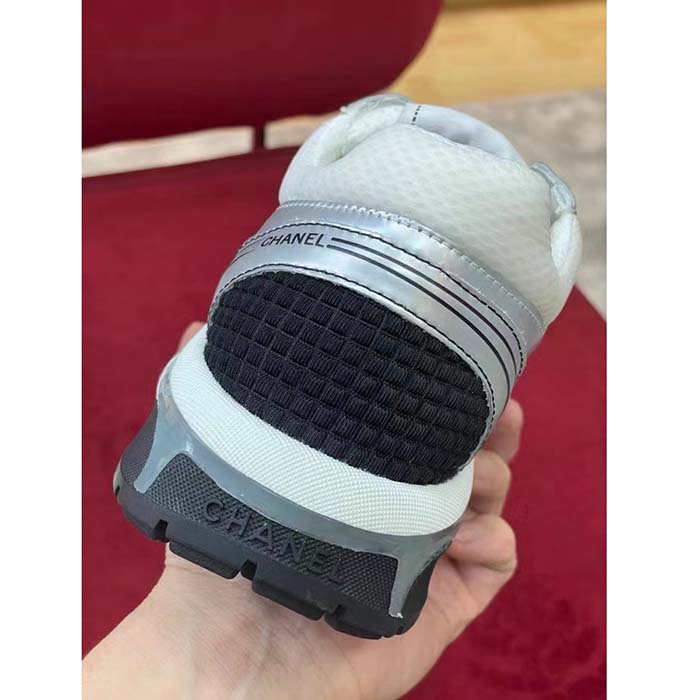 Chanel Women CC Sneakers Fabric Laminated White Silver 1 Cm Heel