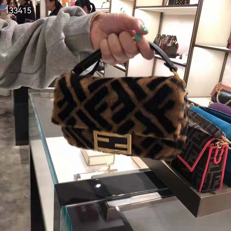 Fendi Women FF Baguette Brown Sheepskin Sheep Fur Calfskin Bag