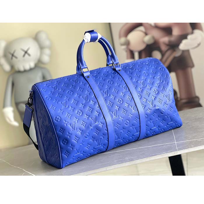Louis Vuitton LV Unisex Keepall Bandoulière 50 Racing Blue Embossed Taurillon Monogram Cowhide Leather