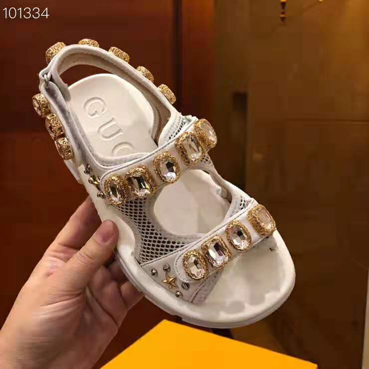 Gucci Women Leather and Mesh Sandal with Crystals 4.6 cm Heel-White