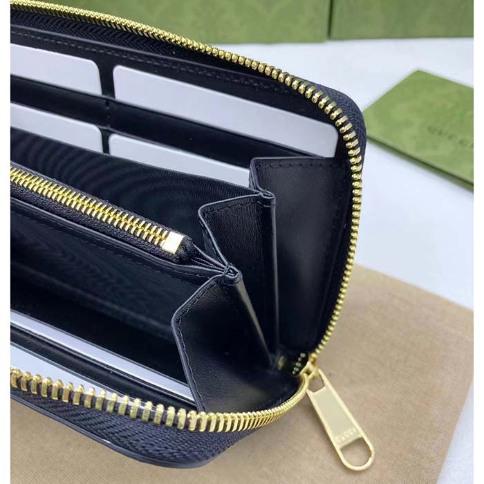 Gucci Unisex GG Marmont Zip Around Wallet Black Matelassé Leather Double G