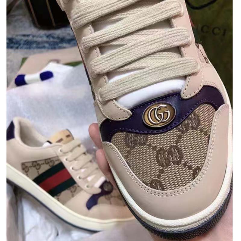 Gucci Unisex GG Screener Sneaker Beige Navy Leather Canvas Low 4 cm Heel